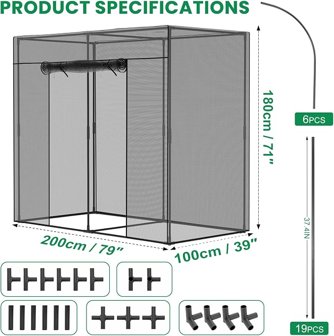 SUNYRISY Garden Plant Netting Crop Cage for Garden Raised Bed, 6.5 x 3.3 x 6 Ft Plant Cover Cage Protectors from Animal for Outdoor Plants with Frame and Zippered Door, Black