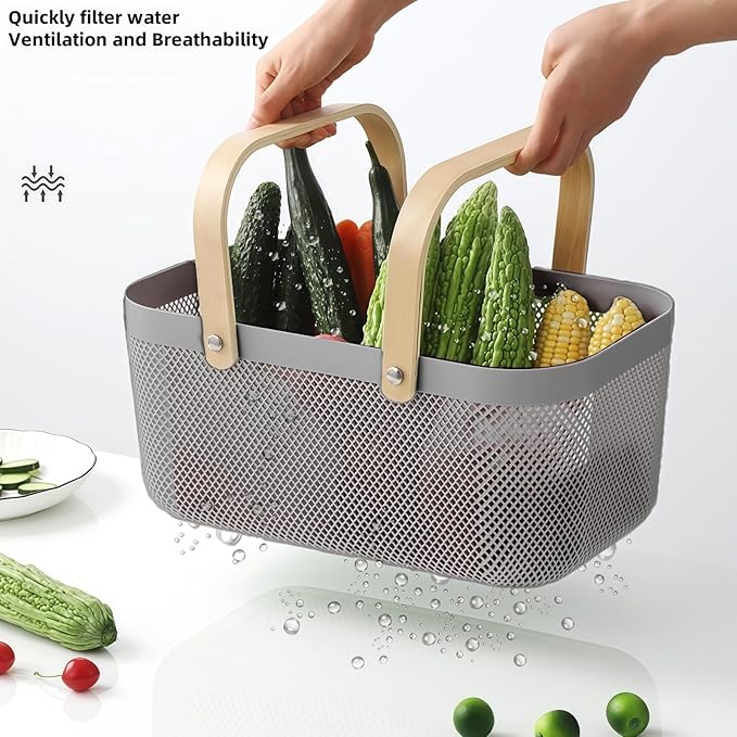 3pcs Collapsible Wooden Handle Plastic Harvest Basket - Rectangular Garden Storage Basket for Picking and Collecting Vegetables, Fruits - Ideal for Garden Cabinets & Outdoor Use (Gray)