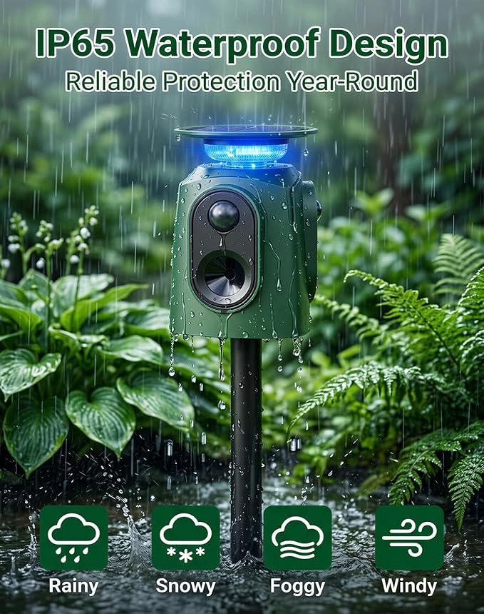 360° Solar Ultrasonic Animal Repeller Outdoor, Motion Activated Deer Repellent Devices with Flashing Lights, Waterproof Cat Repellent Outdoor for Yard, Repel Dog, Raccoon, Coyote, Skunk & More