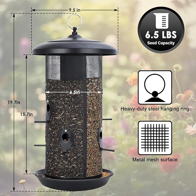 Gtongoko Hanging Bird Feeders for Outdoors 6.5 LB Large Capacity Squirrel Proof Metal Mesh Tube Bird Feeders for Thistle & Nyjer Seed Attracts Finch Cardinal,Titmice,Swallow Black