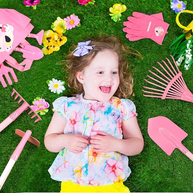 Altdorff Kids Gardening Tool Set Pink, Kid Rake and Shovel Set, 29.6'' Metal Leaf Rake, Shovel, Hoe and Mini Garden Yard Tools, Gardening Toy Gift for Kids Age 3+ Years(Pink), Develop Intelligence