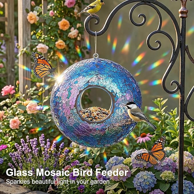 Fly Through Wild Bird Feeder Garden Hanging Bird Feeder Mosaic Circle Squirrel Proof for Outdoor Decoration,Blue