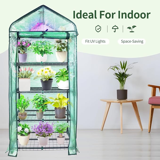 PROWORX 4 Tier Mini Greenhouse for Outdoor Indoor, Double-Layer Roof, Heavy Duty Small Greenhouses with PE Cover, Portable Green Houses for Outside Winter Plant Protection, 64'' H x 27'' L x 20'' W