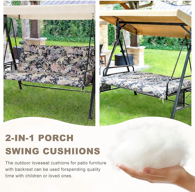 Porch Swing Cushion with Backrest,Waterproof Bench Cushion for Outdoor Furniture,2-3 Seater Replacement Thickened Swing Cushion with Ties,Patio,Outdoor,Backyard and Garden (Vintage Paisley,47x40")
