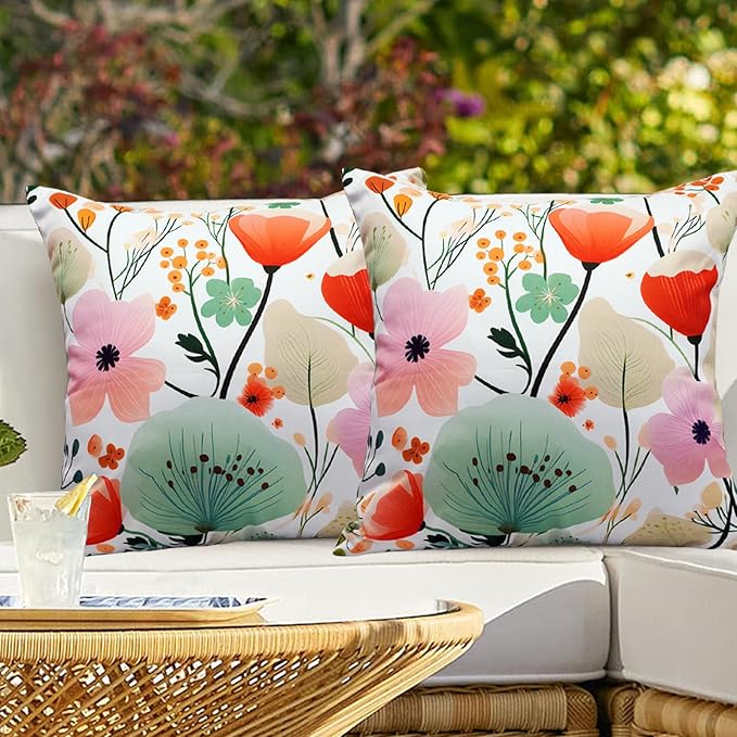 Floral Outdoor Throw Pillow Covers 18x18 Waterproof Colorful Summer Spring Garden Decorative Square Patio Pillows Outdoor Pillows Covers for Patio Furniture Set of 2 (No Pillow Insert)