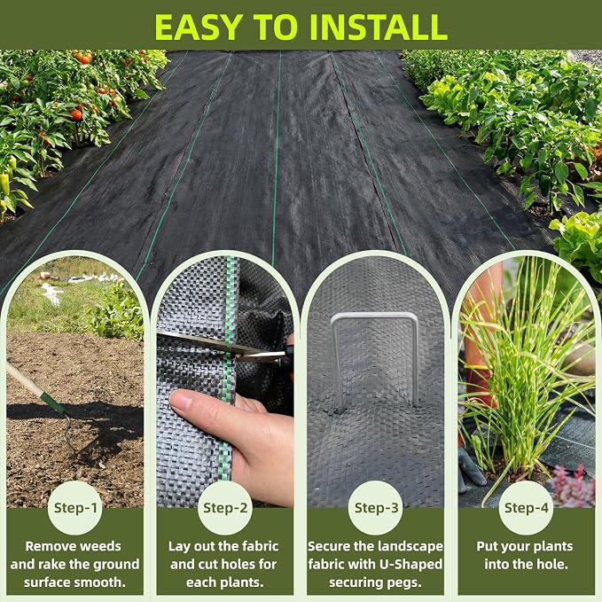 Rohuis 4ft x 100ft Weed Barrier Landscape Fabric, 3.2OZ Heavy Duty Woven Ground Cover for Garden, Weed Control Mat for Gardening Driveway Landscaping, Garden Black Tarp with 20 U-Shaped Securing Pegs