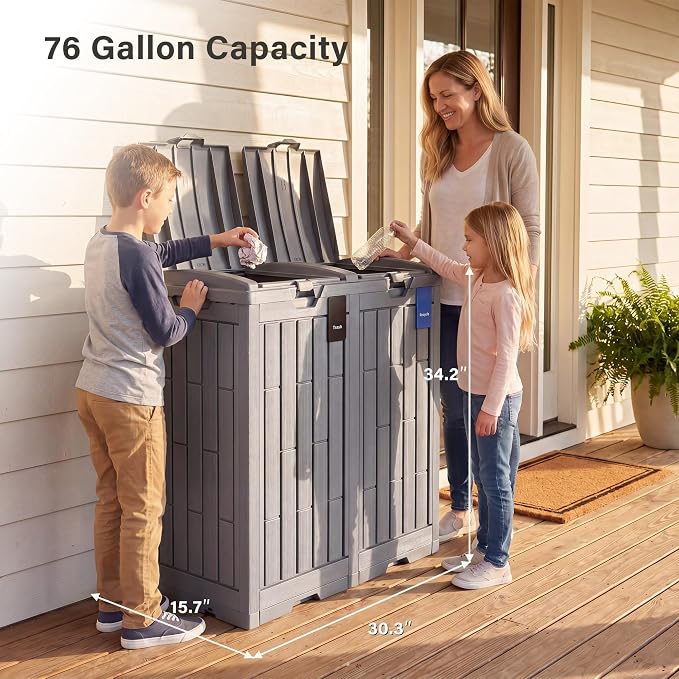 EAST OAK 76 Gallon Outdoor Trash Can | Waterproof Resin Garbage Can with Tiered Lid & Drip Tray | Outside Trash Bin for Patio | Kitchen, Backyard & Deck | Gray Color