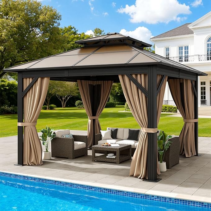 DWVO 10x10ft Gazebo Hardtop Double Roof Polycarbonate Canopy Outdoor with Netting and Shaded Curtains, Metal Frame Garden Tent for Patio, Backyard, Deck and Lawns, Brown