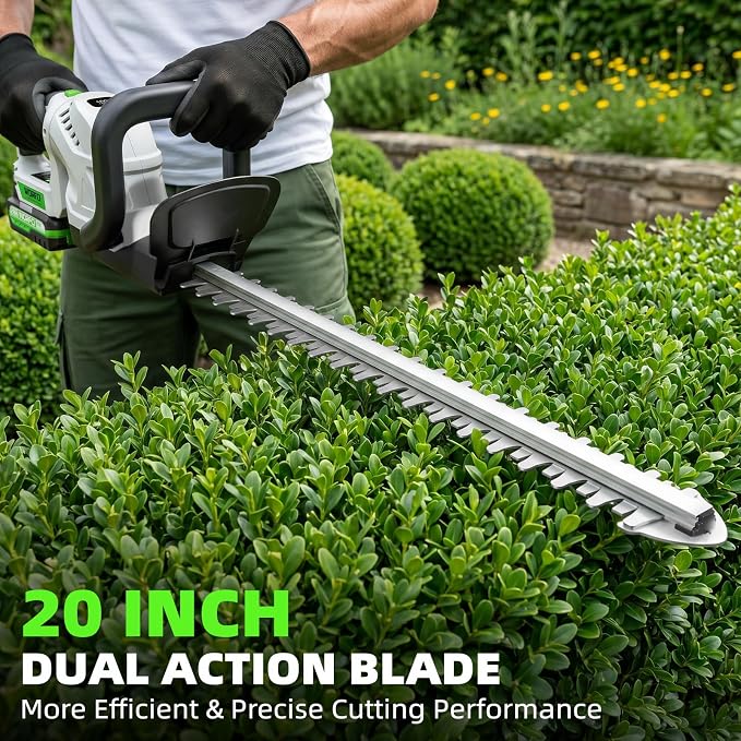 20-Inch Cordless Hedge Trimmer (Includes 2 Batteries and Charger), Electric Handheld Bush Trimmer, 180° Rotatable Handle, Grass Shrub Trimmers, Lightweight & Compact White