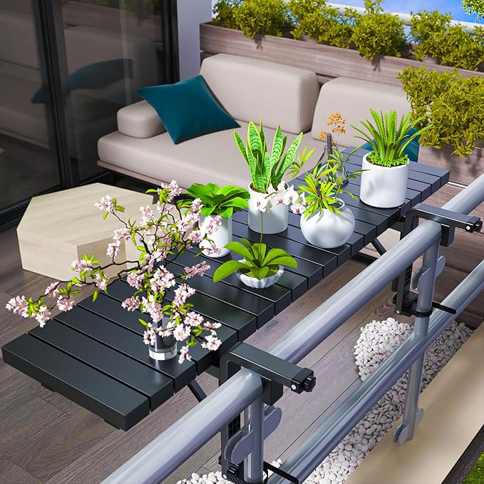 Balcony Bar Table for Railings, Hyperzoo Outdoor Patio Bar, Heavy-Duty Galvanized Iron 49"×9.6" Balcony Side Table, Holds 110 lbs, Adjustable，Easy Assembly，Fits 4.4" or Less Top Rail（Black）