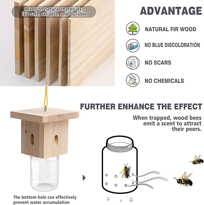 2 PCS Wood Carpenter Bee Trap for Outside - Best Bee Trap - Nature Hanging Carpenter Bee Traps Plastic Jar Outdoor - Insect Traps
