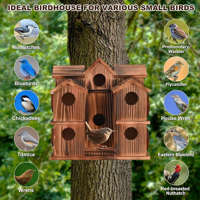 Wooden Bird Houses for Outside, 10 Rooms Bird House with 1.57" Entrance Holes Large Bird Nesting Box for Bluebird Wren Chickadee Cardinals, Hanging Birdhouse for Outdoors with Individual Cleaning Door