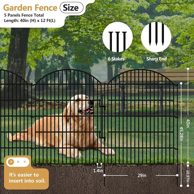 5 Panels Garden Fence Animal Barrier with Lock, 40in (H) x 12ft (L) Dog Fences Outdoor for Yard No Dig Rustproof Decorative Tall Metal Panel Border Rabbits Temporary Ground Stakes Fencing
