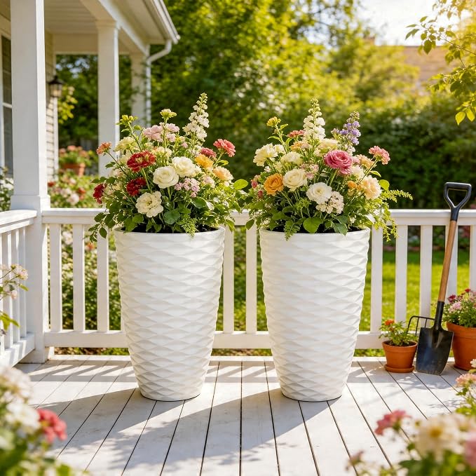 19" Nordic Wavy Tall Outdoor Planters, Set of 2 Ultra Durable Resin Large Flower with Drainage Holes, Weather-Resistant Outdoor Planters for Garden Patio Porch Balcony Living Room Office Decor