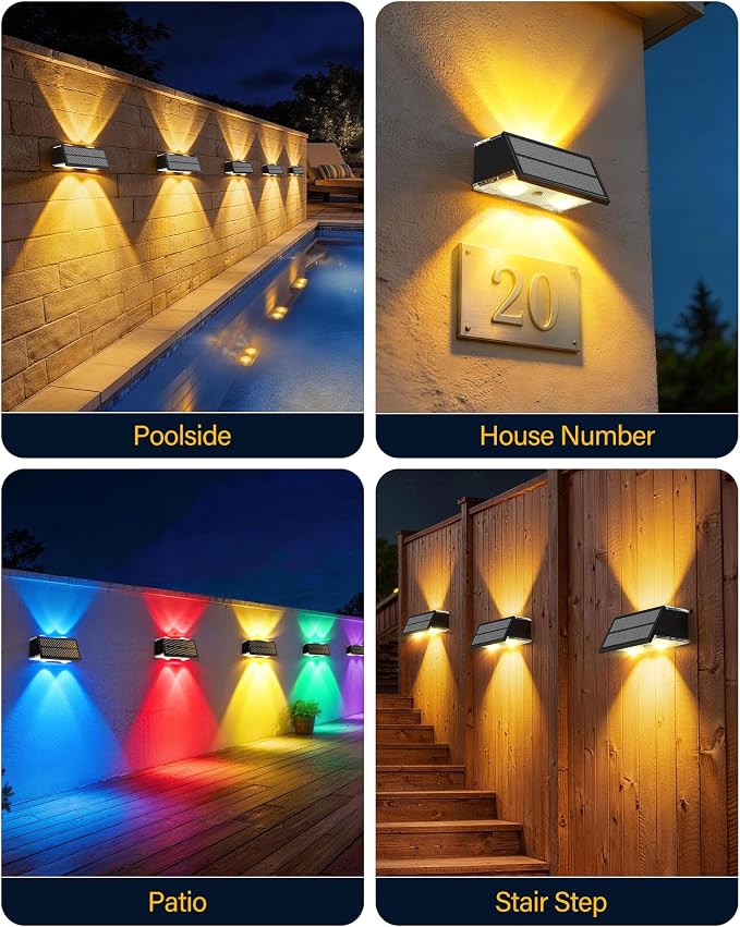 Solar Fence Lights Outdoor, 10 Pack 100LM Fence Lights Solar Powered Waterproof, 9 Color Modes, Up & Down LED Focused Beam, 12H Dusk to Dawn Glow for Pool/Patio/Wall/Backyard - Black