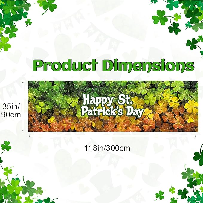 Happy St. Patrick’s Day Fence Banner 118 x 35 Inch, Large Waterproof Outdoor Shamrock Clover Banner for Yard Porch Fence Irish Party Decorations