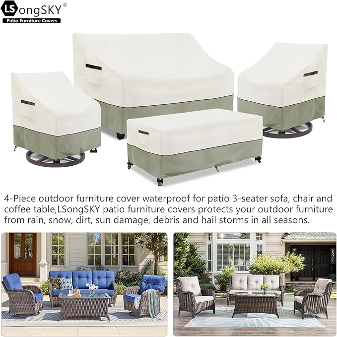 Patio Furniture Covers 4 Piece Set, 600D Heavy Duty Outdoor Furniture Covers Waterproof for Patio 3-Seater Sofa,Swivel Rocker Chair and Coffee Table Furniture Set,White&Grayish Green