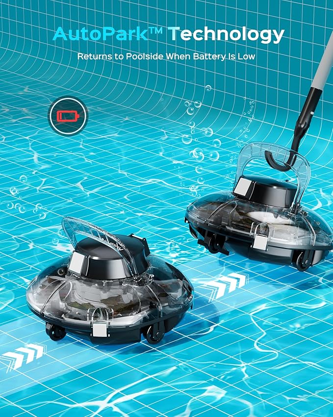 Cordless Robotic Pool Cleaner, Lasts 80 Min, Automatic Vacuum for Above-Ground Pools up to 650 Sq.ft,Portable, Self-Parking,Transparent Black White
