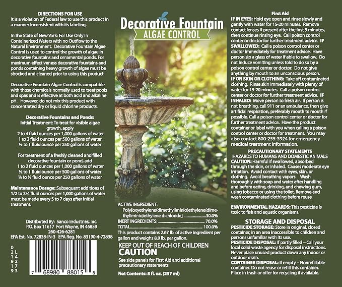Fountain Algaecide and Clarifier - 8oz - Kills and Inhibits All Types of Algae Growth, Formulated for Small Ponds and Water Features, Treats up to 8,000 Gallons (Pack of 2)