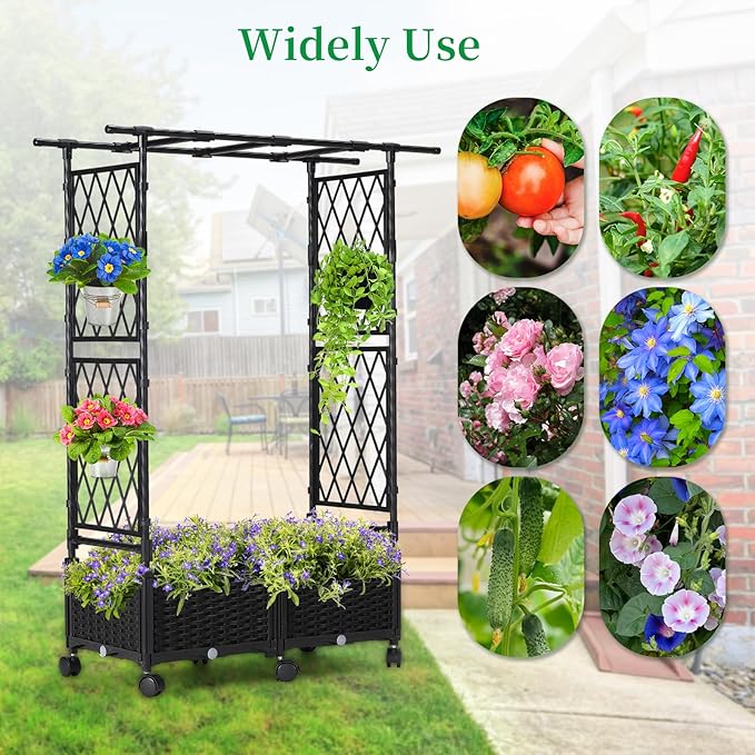 FOLLOOK Planter Box with Trellis Outdoor, 53.1in Plastic Raised Garden Bed with Trellis Hanging Roof for Vine Flower, with Lockable Wheels & Drain Plug for Patio Backyard Balcony, Black, 1 Pc