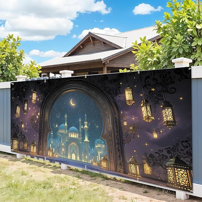 7 * 16FT Summer Garage Door Cover Decorations Sunset Palm Trees Garage Door Banner for Outdoor Indoor Summer Party Photography Backdrop (Ramadan, 7 * 16 ft)