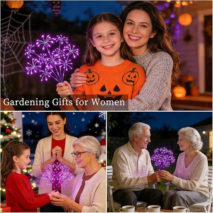 Solar Garden Lights Outdoor, 8 Pack 2-Layer Purple Solar Firework Lights, Waterproof Starburst Fairy Light Garden Decor for Yard Patio Pathway Lawn, Unique Gifts for Women Mom Grandma Mother's Day