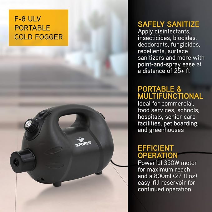 XPOWER F-8 ULV Cold Fogger, Mist Blower, and Sprayer for Cleaning, Disinfecting, Pest Control and Odor Elimination, 20+ Ft. Spray Distance, 0.8 L Tank Capacity