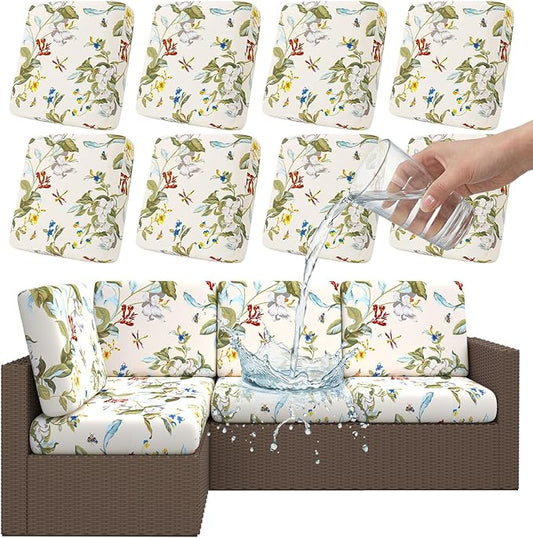 Smiry Waterproof Patio Cushion Covers, Stretch Outdoor Couch Slipcovers Replacement Washable Furniture Protector Sofa Chair Seat Cover for Dogs and Pets (8 Pcs, Beige and Green)
