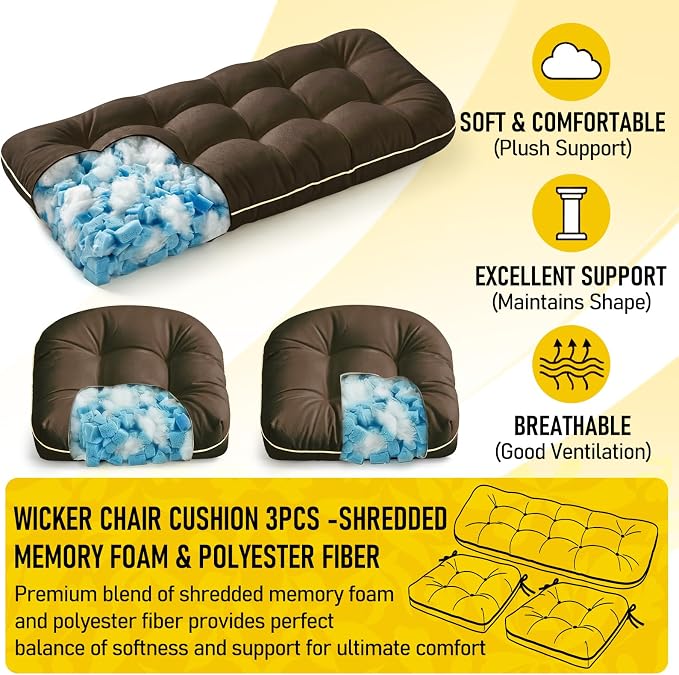 1 MIDDLE ONE Wicker Chair Cushions 3 Pieces Set for Outdoor Furniture, Replacement Patio Wicker Furniture Cushions, 1Pc Loveseat Cushion & 2Pcs Chair Cushions (Coffee)