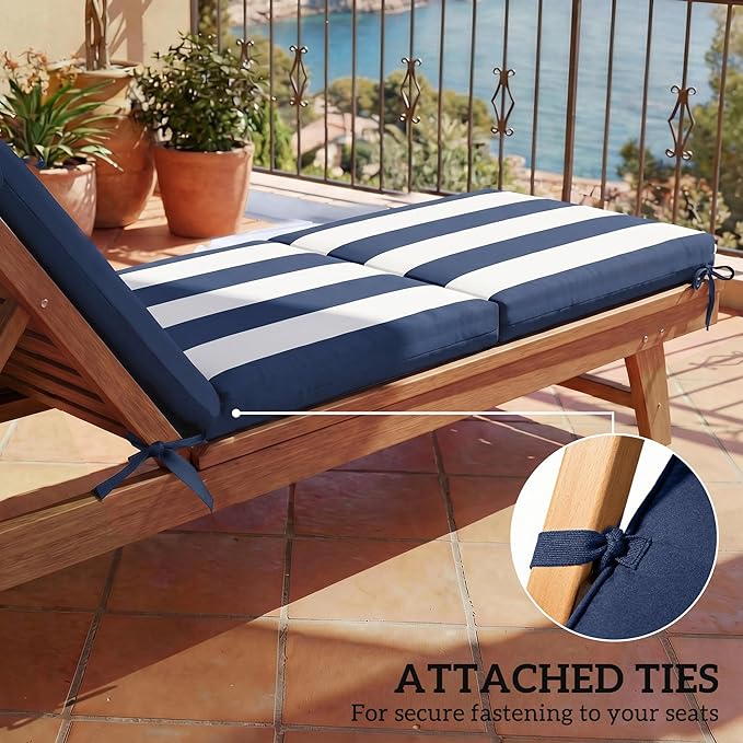 Outsunny Outdoor Chaise Lounge Cushions Set of 2, Chaise Lounge Cushions with 6 Ties, High-Density Foam, 72 x 21.1 x 2.6 Inch Water-Repellent and UV-Resistant for Patio, Poolside, Dark Blue and White