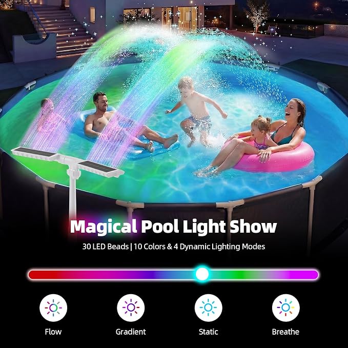 Solar Pool Fountain, 22'' Height Dual-Head Adjustable Spray, Auto Dusk Sensor & 6 Timer Option, Extended 8000mah Battery, 10-Color 4-Mode LED Lights, Pool Fountains for Inground/Above Ground Pools