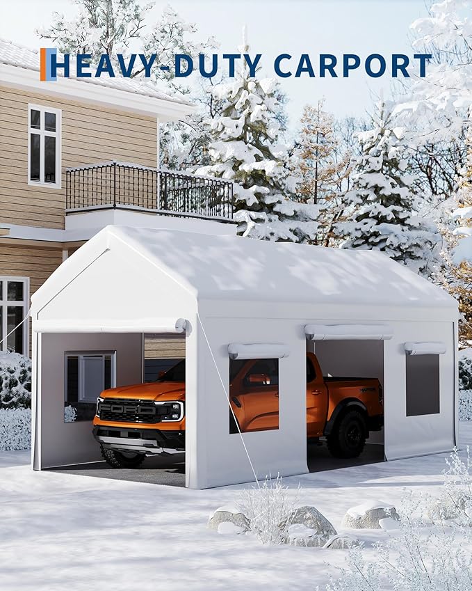 10X20 FT Garage Tent Carports with Roll-Up Windows, Heavy Duty Portable Carport with Removable Sidewalls & Doors, Outdoor Storage Shelter for Car,Truck,Boat