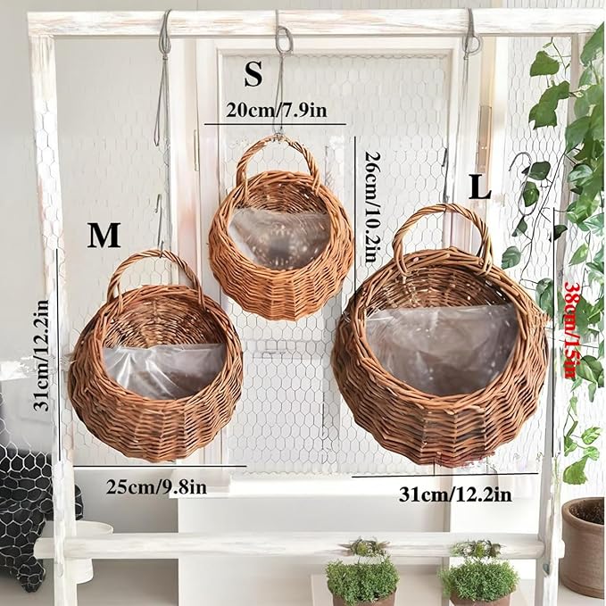 Wall Hanging Flower Basket, Handmade Wicker Hanging Basket for Plant Wall Mount Rattan Chlorophytum Comosum Hanging Basket for Front Door, Home, Garden. (L)