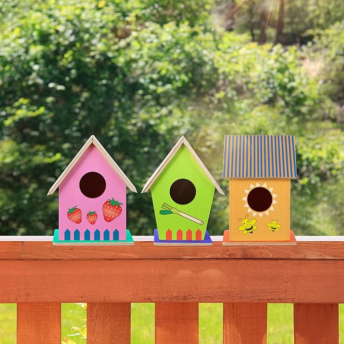 Jetec 12 Pieces Bird House Craft Wooden Birdhouse Kit Build and Paint Birdhouses Unfinished Bird Houses Wooden Arts for Summer Arts and Craft Projects 3 Sizes