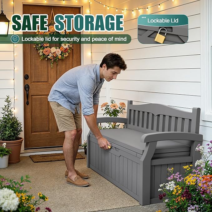 Devoko 80 Gallon Storage Bench with Cushion, Lockable Deck Box for Patio Furniture, Garden Decor and Outdoor Seating for Cushions, Garden Tools and Pool Supplies (Grey, 80 Gallon with Cushion)