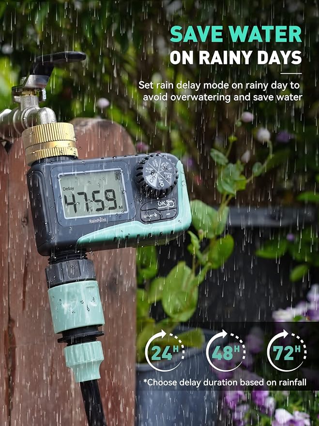 RAINPOINT Sprinkler Timer with Brass Swivel, Rain Delay/Manual Watering/Automatic Irrigation Controller System Hose Timer Programmable Faucet Timer for Yard
