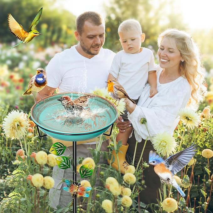 Metal Bird Bath for Outside, 35.4In Vintage Freestanding Garden Birdbaths & Birdfeeder with Upgraded 5 Prongs Base, Bird Baths Feeder Water Bowl for Outdoors Patio Yard Lawn Art Decor (Retro Green)