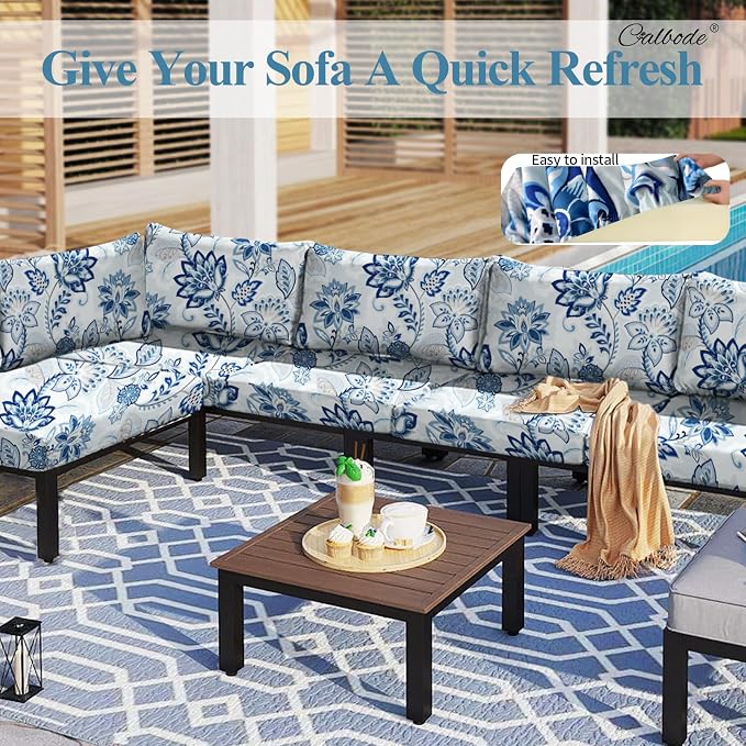 CALBODE 8pcs Floral Printed Stretchy Sofa Cushion Covers for Outdoor Furniture, Sofa Seat Replacement Cover, Flexible Chair Cushion Cover for Porch Garden Furniture Protection(Cover Only)