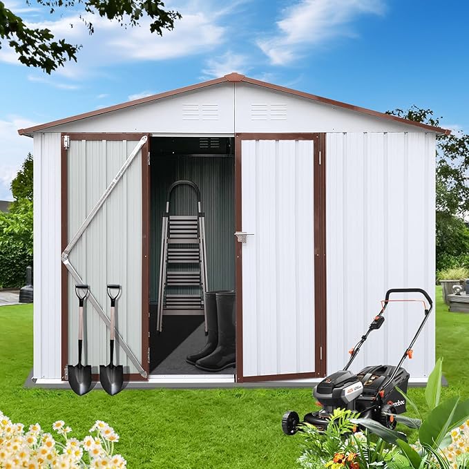 6x8 FT Metal Tool Shed, Galvanized Steel Large Outdoor Storage Shed, Storage Shed Equipped with Vents, Tool Shed with Door and Padlock, Ideal for Backyards, Patio Lawns and Outdoor, Brown White