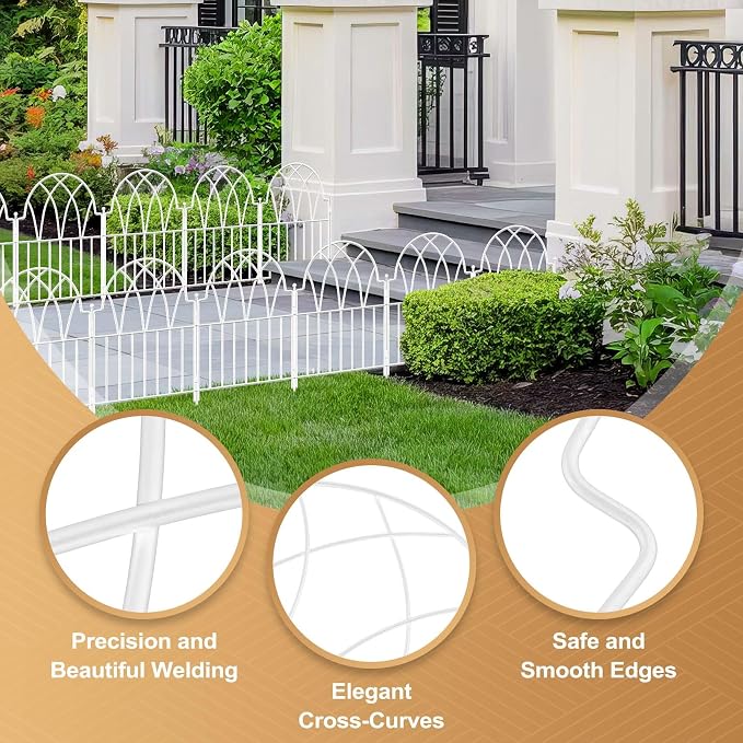 Garden Fence Panels - 17 in(H) x 20.07ft(L) White Metal Fence No Dig Decorative Fence with Stakes Animal Barrier Fence for Dogs, Flower Bed Edging Wire Border for Yard, Patio, Outdoor Decor