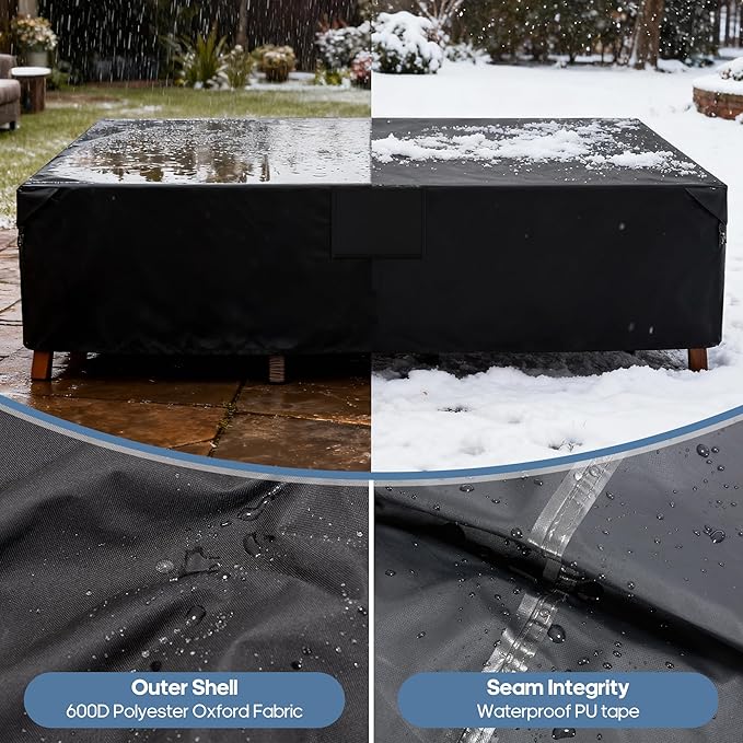 DUMOS Outdoor Furniture Cover, Rectangular Heavy Duty 600D UV Resistant & Waterproof Patio Furniture Covers for Deck Table and Chairs, Backyard Patio Dining Sets, 111"L x 74"W x 28"H, Black