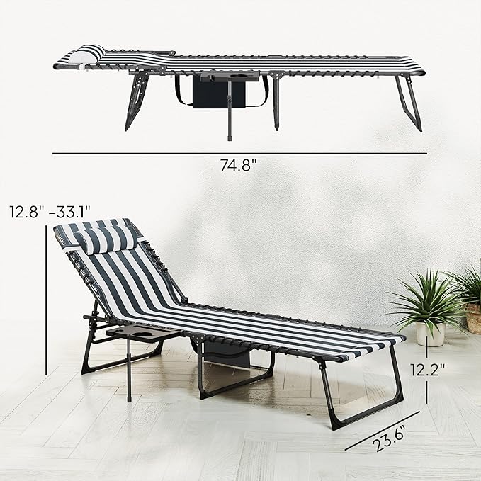 Outsunny Folding Chaise Lounge Chair Outdoor Tanning Chair with Side Table, 5-Level Adjustable Beach Lounge Chair with Headrest, Side Pocket for Patio, Backyard, Beach, Poolside, Blue and White