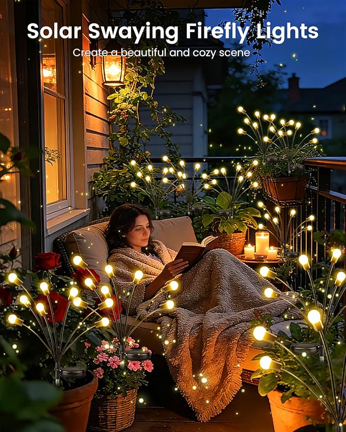 OZS 4 Pack Total 32 LED Solar Garden Lights Fairy Outdoor - Solar Firefly Lights Outdoor, Sway by Wind, Waterproof for Garden Patio Pathway Fairy Decoration (Warm White)