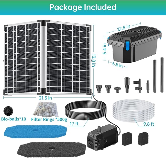 Antfraer 40W Solar Pond Filter with Water Pump, Pond Filter Box with Pond Filter Box, Pond Pump with 6.6ft Clear Tubing for Outdoor Pond Waterfall Garden Fountain Water Feature