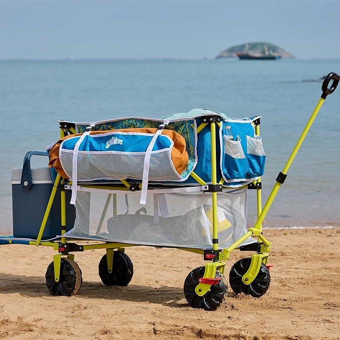 Double Decker Beach Wagon Cart, 400L Extra Large Capacity, 450lbs Heavy Duty, 54" Extendable Tailgate, All-Terrain Wheels with Brakes, Cooler Bag, Cup Holders & Side Pockets for Beach Camping Shoping