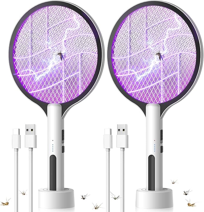 2PACK Electric Fly Swatter 4500V Bug Zapper Racket, 2 in 1 Handheld Fly Zapper & Purple Mosquito Killer Rechargeable and 3-Layer Safety for Indoor Home Office Backyard Patio Camping