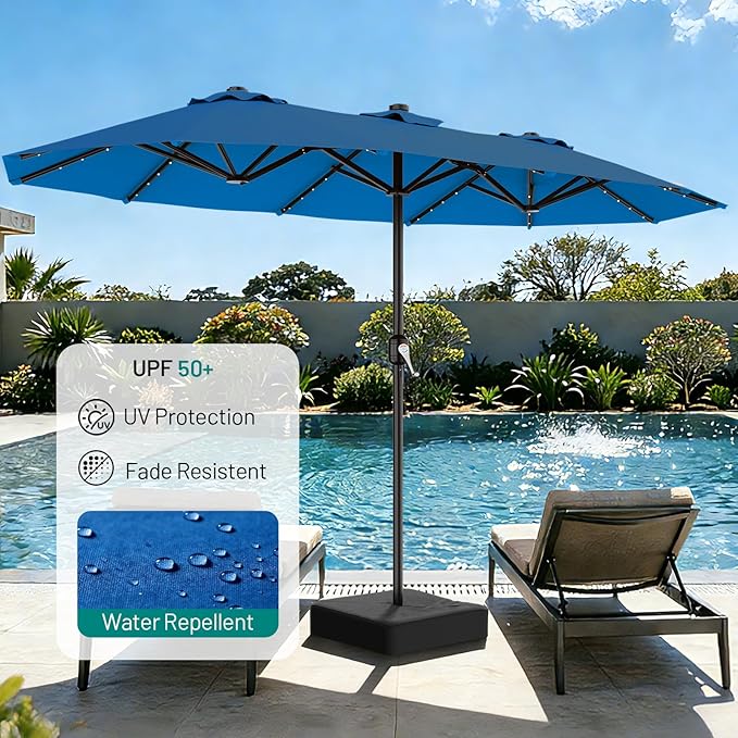 AreShark 13 FT Patio Umbrella with Solar Lights, Double-Sided Outdoor Table Umbrellas with Crank, Large Rectangular Market Umbrella for Porch, Lawn, Pool, Backyard, Royal Blue