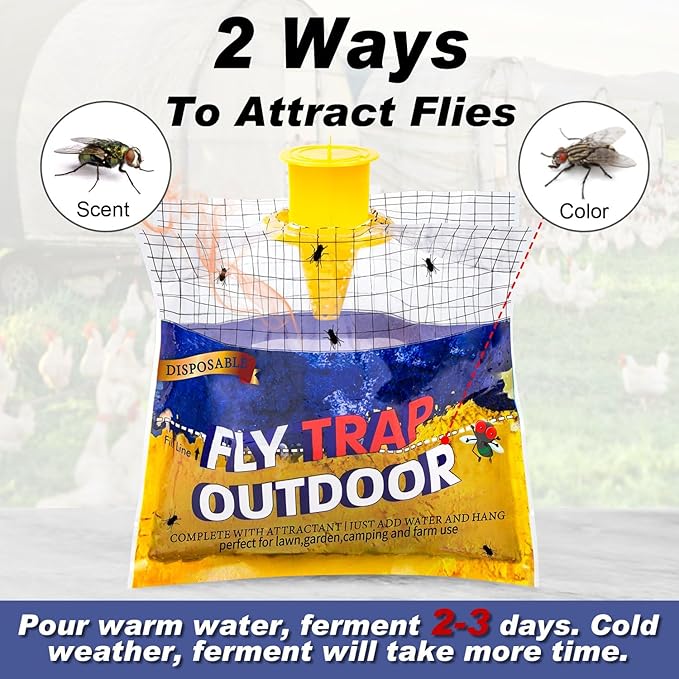Disposable Fly Traps 6 Pack Bags Outdoor, Flies Catcher Traps with Natural Pre-Bait Refill Repellent, Reusable Stable Horse Ranch Trapper Outdoor Hanging Fly Killer Helps Control Flies