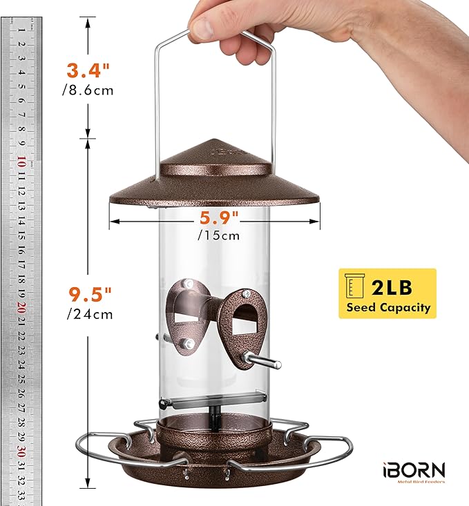 iBorn Bird Feeder Squirrel-Chew Proof Metal Hanging Birds Feeder Bird Feeders for Outdoors Hanging Outside for Cardinal, 3 Perches with 2 Feeding Ports, Brushed Coffee (Seed is not Included)