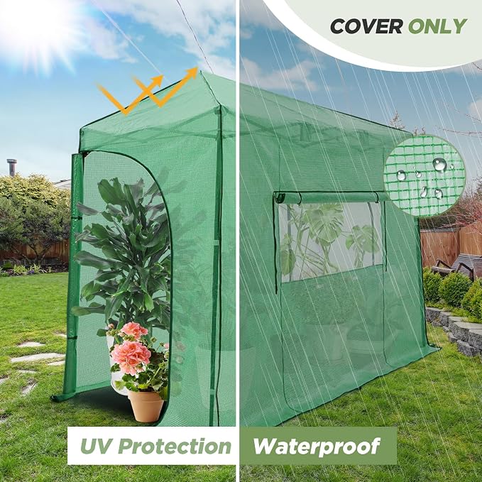 EAGLE PEAK Replacement Cover for 10x5 Portable Lean-to Greenhouse, 2 Roll-Up Zipper Entry Doors and 1 Large Roll-Up Side Window (Frame Not Included), Green